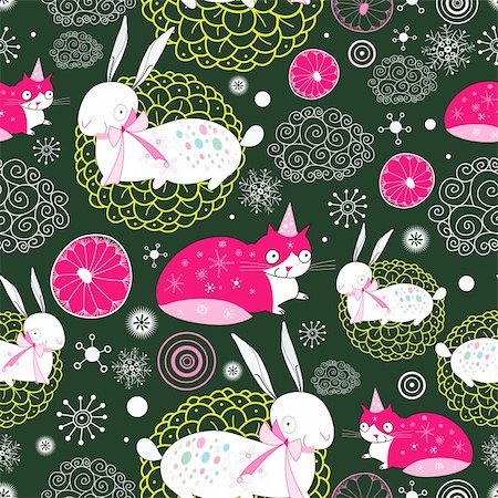simsearch:400-05746053,k - seamless pattern with bright winter cats and rabbits on a dark green background Stock Photo - Budget Royalty-Free & Subscription, Code: 400-05720611