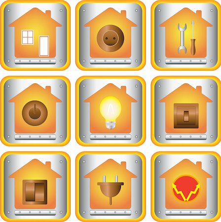 power outlet icon - set of electric objects with house and metal button Stock Photo - Budget Royalty-Free & Subscription, Code: 400-05720928