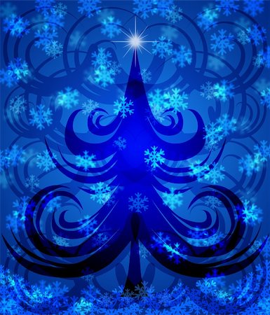 simsearch:400-05739036,k - Abstract Swirls Christmas Tree on Blue Background with Snowflakes Illustration Photographie de stock - Aubaine LD & Abonnement, Code: 400-05721370