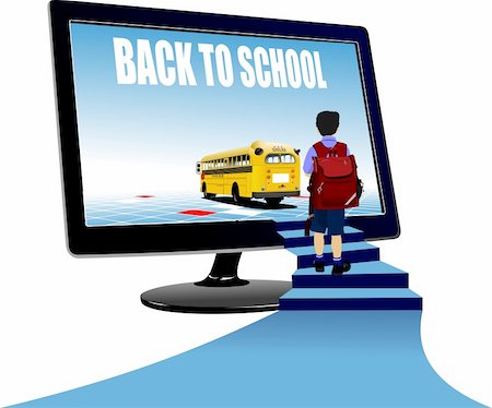 Schoolboy upstairs to school bus. Back to school. Vector illustration Photographie de stock - Aubaine LD & Abonnement, Code: 400-05721744