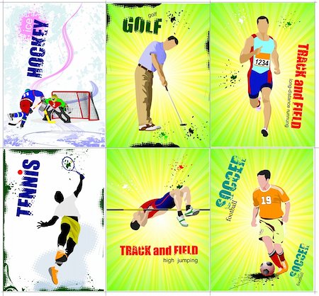 Six sport posters. Track and field, Ice hockey, tennis, soccer,  golf. Vector illustration Foto de stock - Super Valor sin royalties y Suscripción, Código: 400-05721839