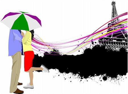 Kissing couple with umbrella on the Paris Eiffel tower background. Vector illustration Stock Photo - Budget Royalty-Free & Subscription, Code: 400-05721901