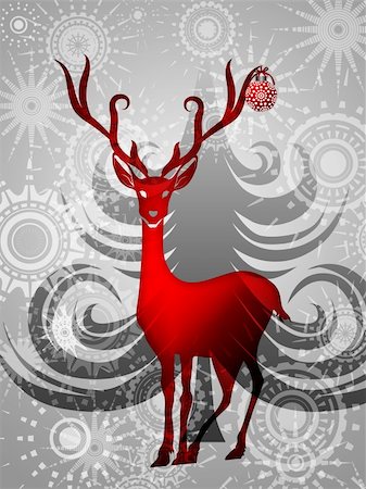 simsearch:400-06423062,k - Reindeer with Red Ornament on Silver Sun Star Tree Background Illustration Photographie de stock - Aubaine LD & Abonnement, Code: 400-05721918