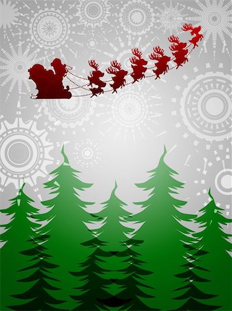 santa claus sleigh flying - Santa Sleigh Reindeer Flying Over Trees on Silver Sun Star Background Illustration Stock Photo - Budget Royalty-Free & Subscription, Code: 400-05721919
