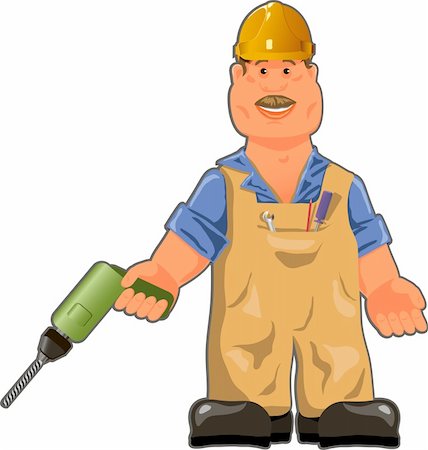 drill and cartoon - illustration, cheerful worker in overalls with a drill Stock Photo - Budget Royalty-Free & Subscription, Code: 400-05722847