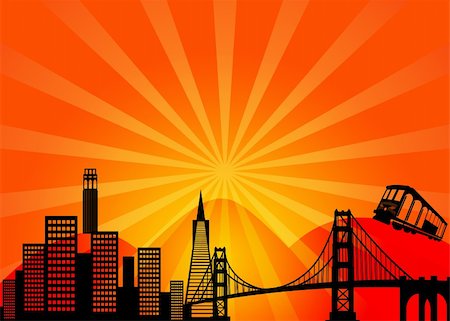 sunrise clip art - San Francisco California City Skyline and Golden Gate Bridge Illustration Stock Photo - Budget Royalty-Free & Subscription, Code: 400-05722908