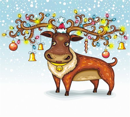 santa and reindeer - Cute Deer decorated with Holiday lights and Christmas Ornaments standing outside in the snow Stock Photo - Budget Royalty-Free & Subscription, Code: 400-05722988