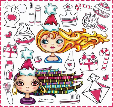 Christmas shopping theme: vector illustration of a pretty girls with beautiful hair and lots of Christmas presents for ladies Stock Photo - Budget Royalty-Free & Subscription, Code: 400-05722992