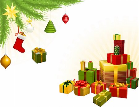 round ornament hanging of a tree - Christmas corner background elements. Christmas tree, balls and gifts. Corners can be moved for more space in centre Stock Photo - Budget Royalty-Free & Subscription, Code: 400-05723318