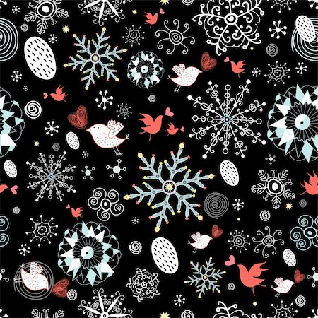 simsearch:400-05724880,k - New seamless pattern of birds and snowflakes on a black background Photographie de stock - Aubaine LD & Abonnement, Code: 400-05723354