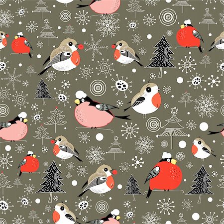 seamless graphic pattern with birds on a brown background with trees and snowflakes Stock Photo - Budget Royalty-Free & Subscription, Code: 400-05723350
