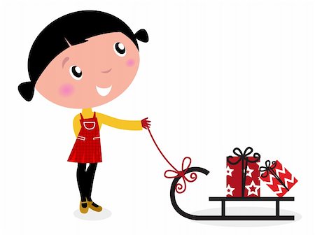 Retro christms Girl with sledge and christmas gifts. Vector cartoon Illustration. Stock Photo - Budget Royalty-Free & Subscription, Code: 400-05734061