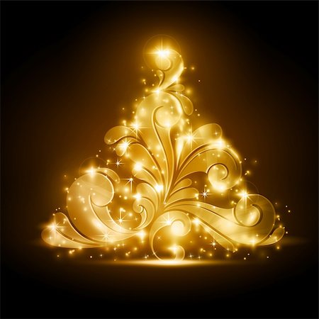 Golden Christmas tree made of swirls on a warm dark brown background. Light effects give it a blurry glow and add sparkles. A perfect element in any the Christmas season theme. Stock Photo - Budget Royalty-Free & Subscription, Code: 400-05734079