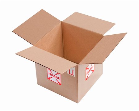 simsearch:400-05708252,k - Open, empty corrugated cardboard box with fragile stickers on the outside, isolated Stock Photo - Budget Royalty-Free & Subscription, Code: 400-05734287
