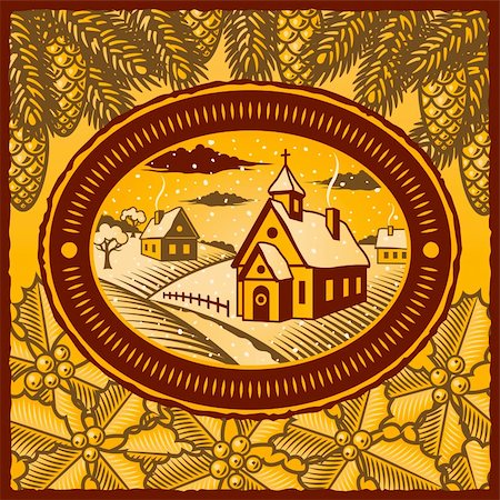 Retro winter village in woodcut style. Vector illustration with clipping mask. Stock Photo - Budget Royalty-Free & Subscription, Code: 400-05734419