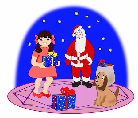 simsearch:400-05742476,k - A little girl holding a    gift she has received from    Santa Claus while a small dog     are sitting and watching     her. Photographie de stock - Aubaine LD & Abonnement, Code: 400-05734420