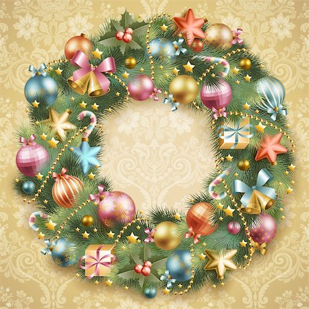 simsearch:400-04264886,k - Christmas wreath with baubles and christmas tree. Vector illustration. Foto de stock - Royalty-Free Super Valor e Assinatura, Número: 400-05734818