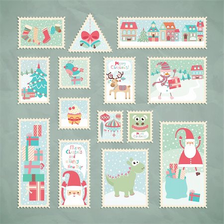 doodle art lettering - Collection of funny Christmas post stamps. Vector illustration. Photographie de stock - Aubaine LD & Abonnement, Code: 400-05734823