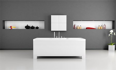 black and white modern bathroom with minimalist bathtub Stock Photo - Budget Royalty-Free & Subscription, Code: 400-05735275