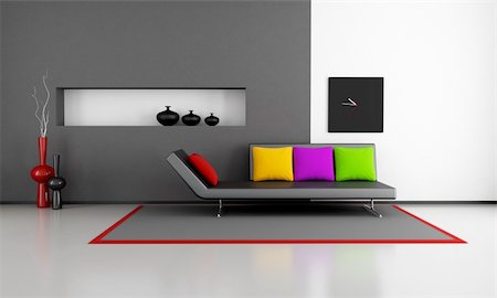 simsearch:400-05946922,k - minimalist black and white lounge with couch and colorful pillow - rendering Stock Photo - Budget Royalty-Free & Subscription, Code: 400-05735285