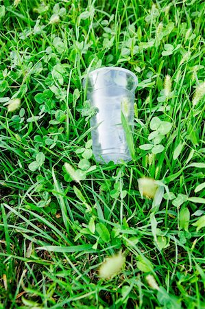 simsearch:400-03928997,k - Empty plastic glass thrown on the green grass Photographie de stock - Aubaine LD & Abonnement, Code: 400-05735685