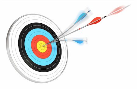 one blue arrow splitted with a red arrow hitting the center of a target, 3d render over white background Stock Photo - Budget Royalty-Free & Subscription, Code: 400-05736848