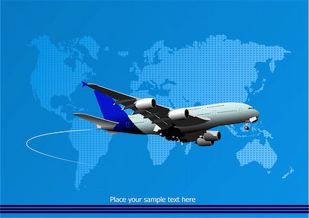 Blue abstract background with passenger plane and world map images. Vector illustration Stock Photo - Budget Royalty-Free & Subscription, Code: 400-05737011