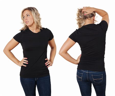 shirt front back model - Young beautiful blond female with blank black shirt, front and back. Ready for your design or artwork. Stock Photo - Budget Royalty-Free & Subscription, Code: 400-05737033