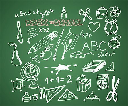 doodle drawing of book - Back to school - set of school doodle vector illustrations on green blackboard Stock Photo - Budget Royalty-Free & Subscription, Code: 400-05737315