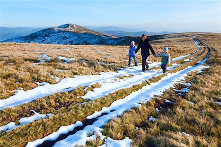 Family (mother with children) walk on autumn  mountain plateau with first winter snow Stock Photo - Budget Royalty-Free & Subscription, Code: 400-05737769