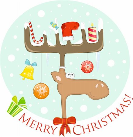 elk on snow - Funny Elk wth Christmas decoration on the antlers (postcard).  Vector Illustration. Stock Photo - Budget Royalty-Free & Subscription, Code: 400-05738154