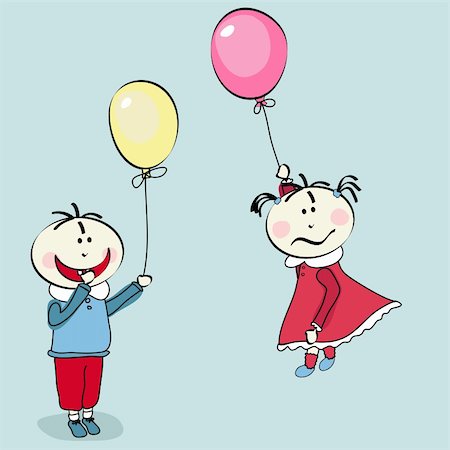 happy little boy and little girl flying with the balloon Stock Photo - Budget Royalty-Free & Subscription, Code: 400-05738626