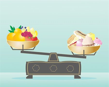 an illustration of scales with fruit in one pan and cakes in the other on a pale blue green background Stock Photo - Budget Royalty-Free & Subscription, Code: 400-05738847