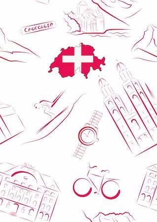 Set of vector drawn stylized sights and symbols of Switzerland. Seamless. Photographie de stock - Aubaine LD & Abonnement, Code: 400-05738946