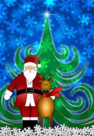 simsearch:400-07218423,k - Santa Claus and Reindeer in Winter Snow Scene with Christmas Tree and Snowflakes Illustration Stockbilder - Microstock & Abonnement, Bildnummer: 400-05739038