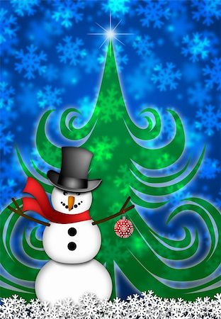 simsearch:400-07218423,k - Snowman with Red Scarf and Ornament in Winter Snow Scene with Christmas Tree and Snowflakes Illustration Stockbilder - Microstock & Abonnement, Bildnummer: 400-05739040