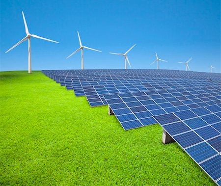 photovoltaique - solar panels and wind turbines on the grass field Photographie de stock - Aubaine LD & Abonnement, Code: 400-05739043