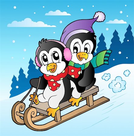 Winter scene with penguins sledging - vector illustration. Stock Photo - Budget Royalty-Free & Subscription, Code: 400-05739223