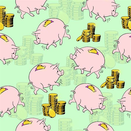 Pig piggy bank, gold coins. Seamless wallpaper. Stock Photo - Budget Royalty-Free & Subscription, Code: 400-05739250