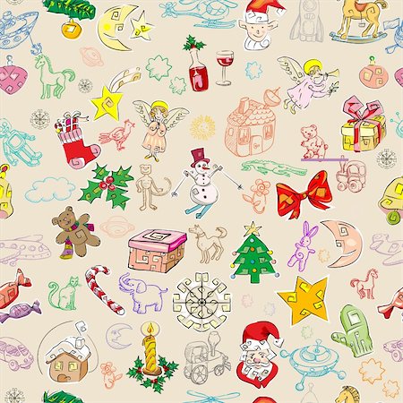 simsearch:400-07838225,k - christmas rich pattern with toys and season greetings icons, childlike drawn wallpaper Photographie de stock - Aubaine LD & Abonnement, Code: 400-05739435