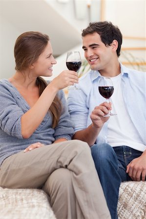 Portrait of a couple having a glass of red wine in their living room Stock Photo - Budget Royalty-Free & Subscription, Code: 400-05739963