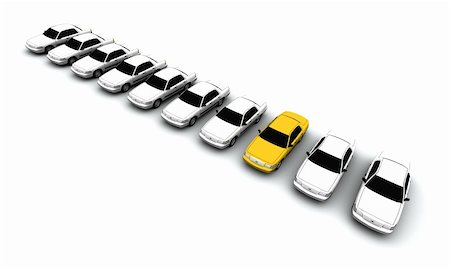 Ten generic cars. The mystery "lemon" car is yellow. DOF, focus is on yellow car. 3D illustration isolated on white background. Foto de stock - Royalty-Free Super Valor e Assinatura, Número: 400-05730278
