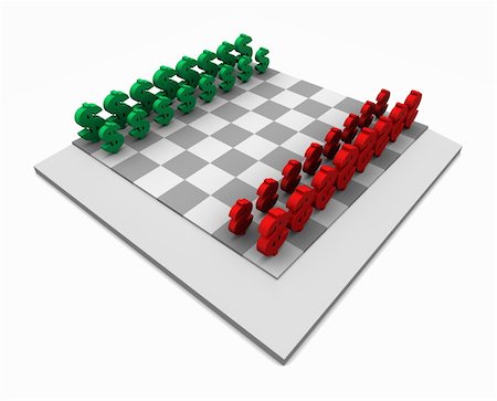 High resolution 3D illustration of chess board with red and green dollar symbols as game pieces. Isolated on white. Stock Photo - Budget Royalty-Free & Subscription, Code: 400-05730282