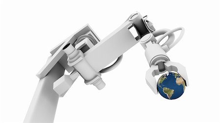 roboterarm - High resolution raytraced 3D render of Earth globe in the grip of a robot's claw. Stockbilder - Microstock & Abonnement, Bildnummer: 400-05730452