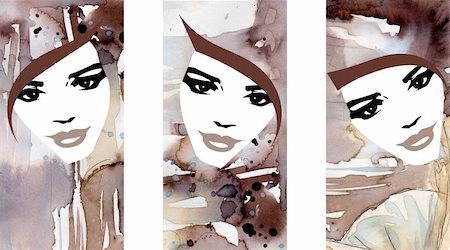 three colored and watercolor portraits of avant-garde women Stock Photo - Budget Royalty-Free & Subscription, Code: 400-05730739