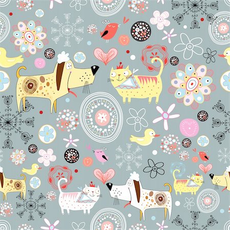 fashion dog cartoon - floral seamless pattern with dogs and cats on a gray background Stock Photo - Budget Royalty-Free & Subscription, Code: 400-05730746