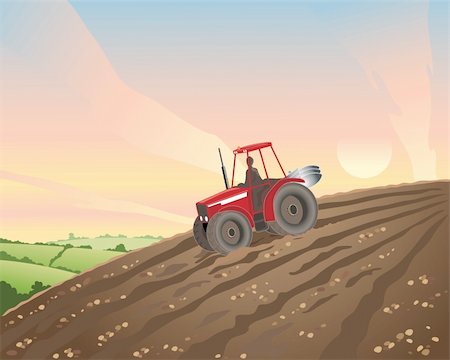 simsearch:400-05706113,k - an illustration of a red tractor in a plowed hillside field at sunset Stock Photo - Budget Royalty-Free & Subscription, Code: 400-05730781