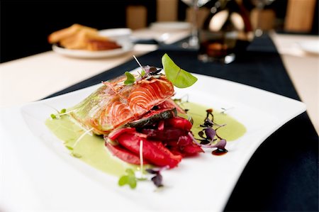 restaurant steak - Smoked trout with vegetables on a plate Stock Photo - Budget Royalty-Free & Subscription, Code: 400-05731296