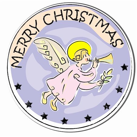 merry christmas retro sticker with angel playing trumpet isolated on white Stock Photo - Budget Royalty-Free & Subscription, Code: 400-05731799