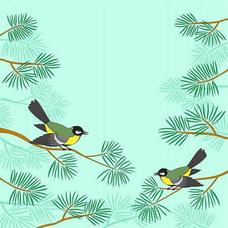 Background, pair birds titmouse sitting on pine branches against green sky. Vector Foto de stock - Super Valor sin royalties y Suscripción, Código: 400-05732348